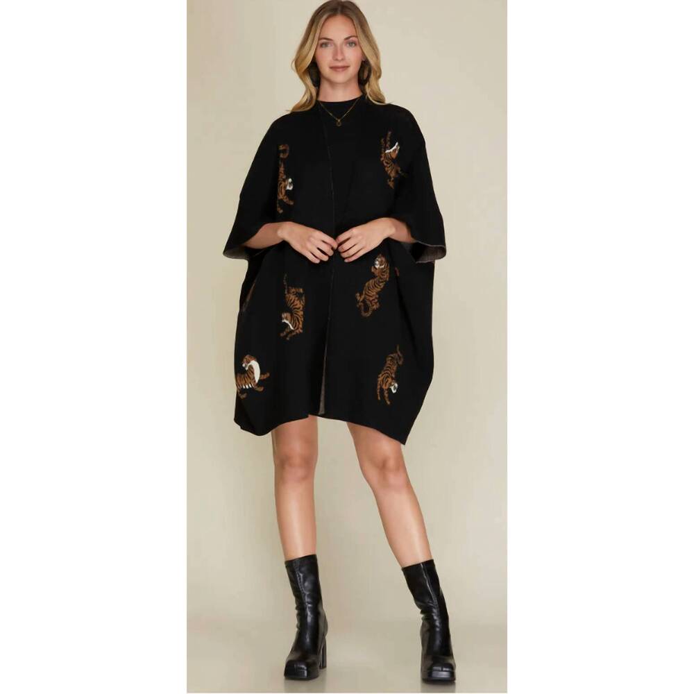 NEW SHE + SKY tiger pattern poncho in black